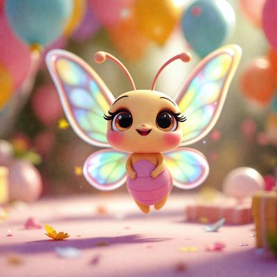 The primary subject of the image is a small, colorful butterfly figurine. The setting is a pink background, and the visual style appears to be a digital art or illustration. The colors and mood of the image are bright, cheerful, and whimsical.